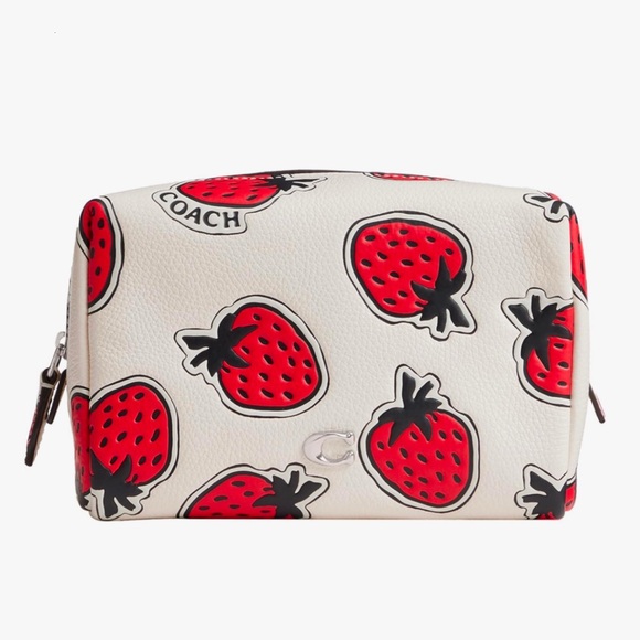 Coach Essential Cosmetic Pouch With Strawberry Print in Chalk Pebble Leather NWT - Picture 1 of 14